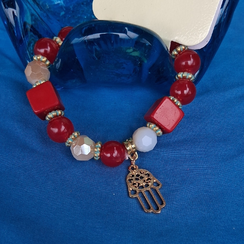 Red and Gold Hamsa Charm Bracelet